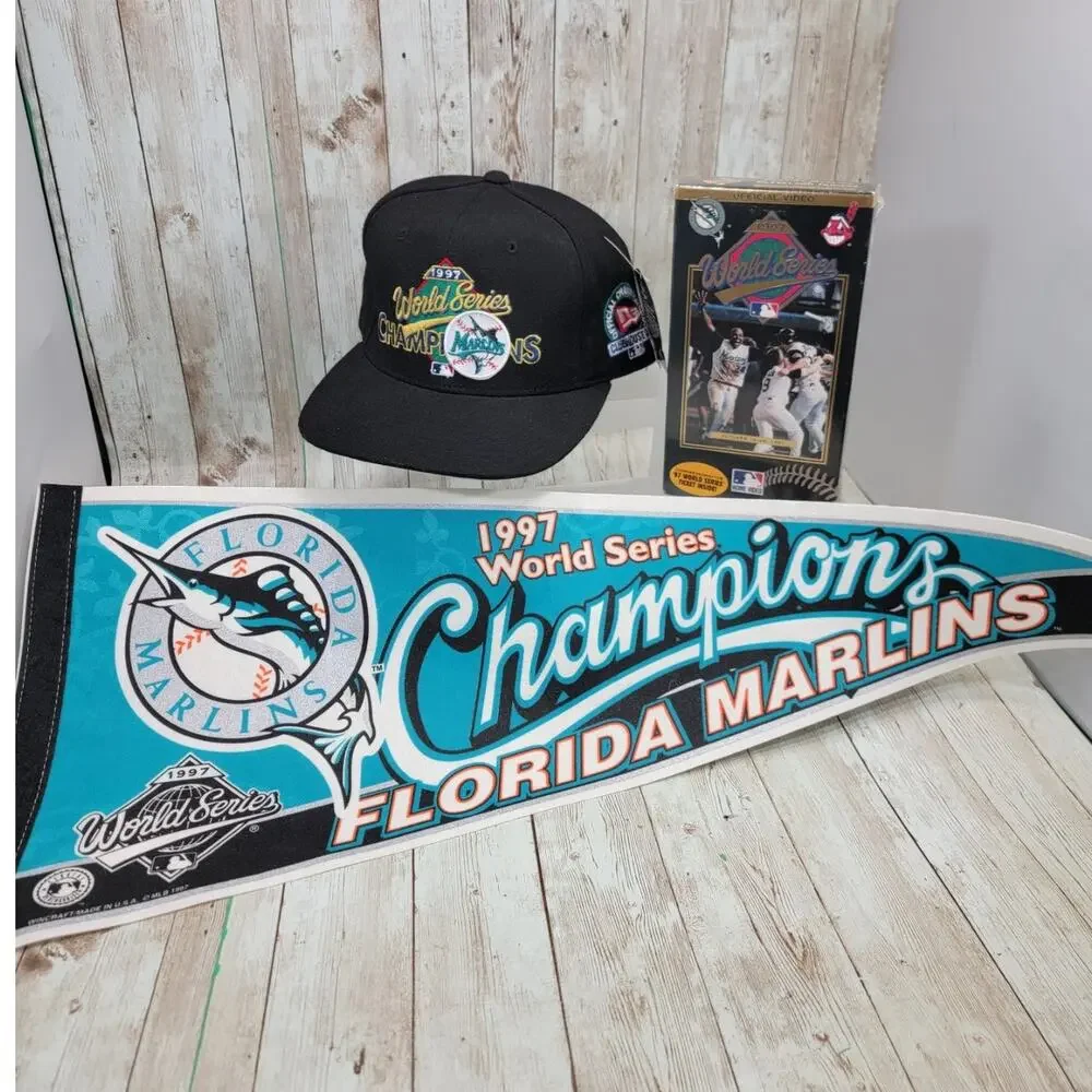 Vintage Florida Marlins 1997 World Series Champions Pennant, Hat. DVD MLB